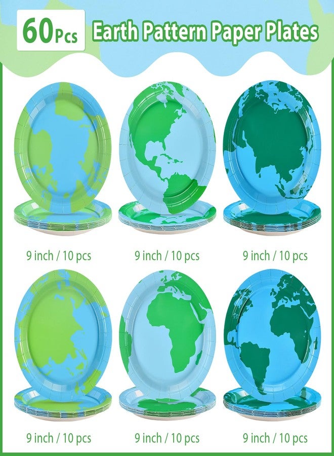 Grencian 60Pcs Earth Day Paper Plates 9" Large Disposable Heavy Duty Navy Globe Map Platter Blue Green Around the World Dessert Plates for Kids Birthday Travel Home Party Decorations - Image 2