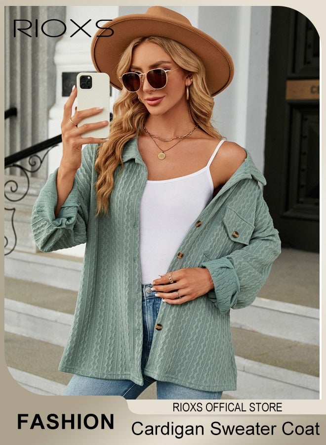 RIOXS Women's Button Down Jacket, Loose Knitted Long Sleeve Collared Cardigan Sweater with Chest Pocket, Thick Comfortable Jacquard Solid Color Coat Soft and Warm Top for Travel, Vacation, Party, Work, Street and More - Image 2