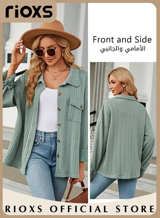 RIOXS Women's Button Down Jacket, Loose Knitted Long Sleeve Collared Cardigan Sweater with Chest Pocket, Thick Comfortable Jacquard Solid Color Coat Soft and Warm Top for Travel, Vacation, Party, Work, Street and More - Image 3
