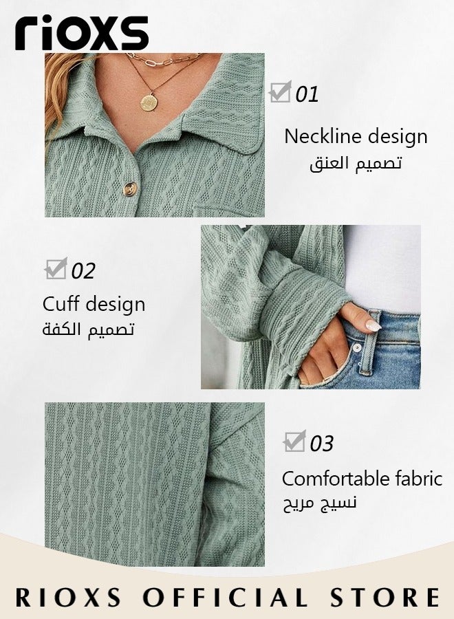 RIOXS Women's Button Down Jacket, Loose Knitted Long Sleeve Collared Cardigan Sweater with Chest Pocket, Thick Comfortable Jacquard Solid Color Coat Soft and Warm Top for Travel, Vacation, Party, Work, Street and More - Image 4