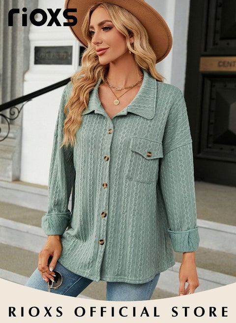 Women's Button Down Jacket, Loose Knitted Long Sleeve Collared Cardigan Sweater with Chest Pocket, Thick Comfortable Jacquard Solid Color Coat Soft and Warm Top for Travel, Vacation, Party, Work, Street and More