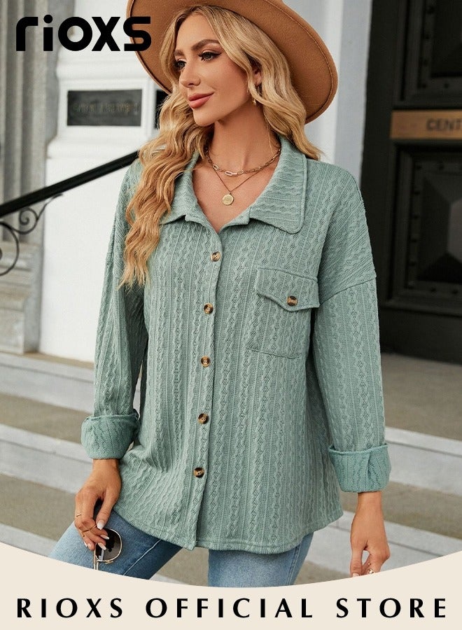 RIOXS Women's Button Down Jacket, Loose Knitted Long Sleeve Collared Cardigan Sweater with Chest Pocket, Thick Comfortable Jacquard Solid Color Coat Soft and Warm Top for Travel, Vacation, Party, Work, Street and More - Image 1