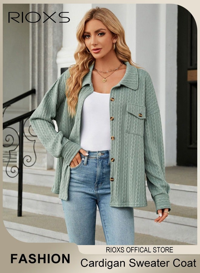 RIOXS Women's Button Down Jacket, Loose Knitted Long Sleeve Collared Cardigan Sweater with Chest Pocket, Thick Comfortable Jacquard Solid Color Coat Soft and Warm Top for Travel, Vacation, Party, Work, Street and More - Image 2