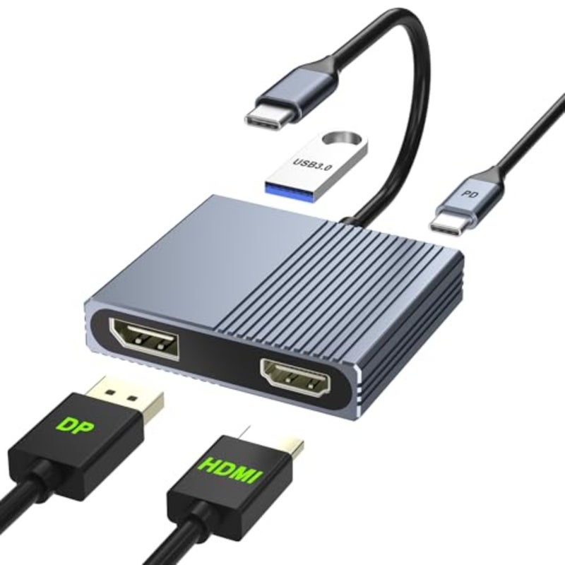 محول USB C إلى HDMI ومنفذ DisplayPort، محول شاشة مزدوج 4K @60 هرتز لأجهزة الكمبيوتر المحمولة Dell/HP/Mac، ومنفذ USB من النوع C إلى منفذ العرض ومنفذ HDMI متعدد مع USB3.0/PD، ومحور USB C، وشاشة مزدوجة لمحطة الإرساء - Image 1