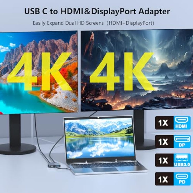 محول USB C إلى HDMI ومنفذ DisplayPort، محول شاشة مزدوج 4K @60 هرتز لأجهزة الكمبيوتر المحمولة Dell/HP/Mac، ومنفذ USB من النوع C إلى منفذ العرض ومنفذ HDMI متعدد مع USB3.0/PD، ومحور USB C، وشاشة مزدوجة لمحطة الإرساء - Image 3