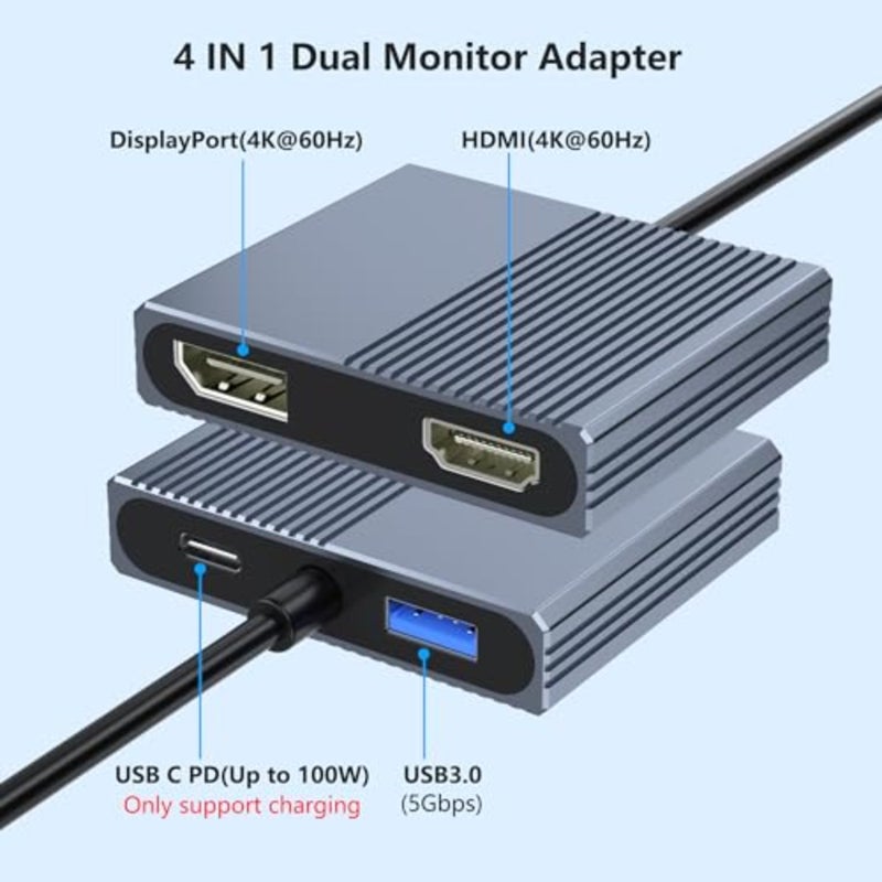 محول USB C إلى HDMI ومنفذ DisplayPort، محول شاشة مزدوج 4K @60 هرتز لأجهزة الكمبيوتر المحمولة Dell/HP/Mac، ومنفذ USB من النوع C إلى منفذ العرض ومنفذ HDMI متعدد مع USB3.0/PD، ومحور USB C، وشاشة مزدوجة لمحطة الإرساء - Image 2