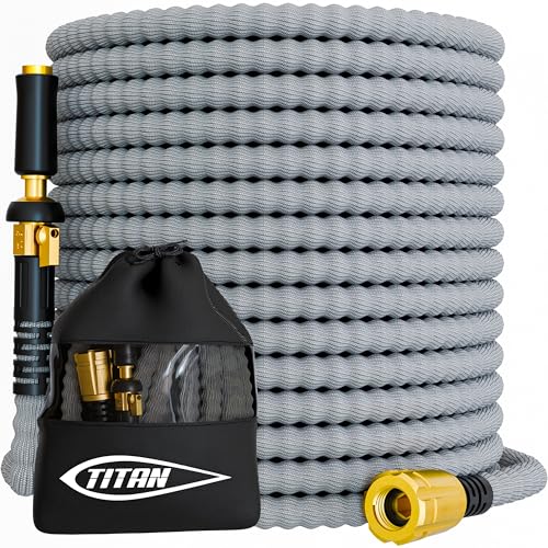 TITAN Flexible Garden Hose 50FT Ultra Lightweight Heavy Duty Water Hose with Brass Fittings Jet Nozzle KinkFree NonExpanding Durable Fabric Hose for Yard Lawn Car Wash Outdoor Use - Image 1