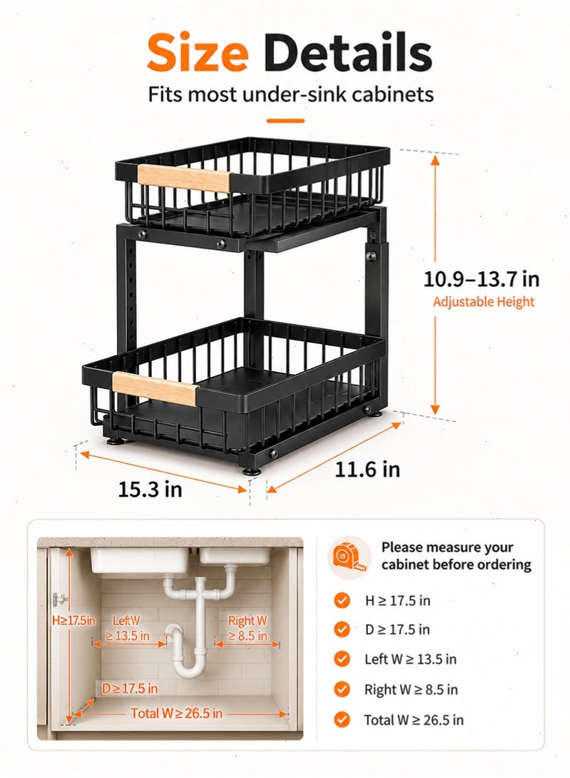Topyich 2-Tier Under Sink Organizer, Adjustable Height Sliding Pull Out Metal Storage Rack, Cabinet Organizer for Kitchen, Bathroom - Image 2