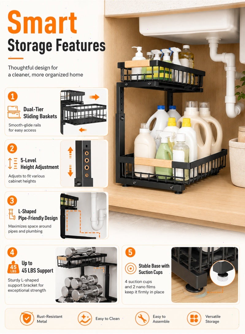 Topyich 2-Tier Under Sink Organizer, Adjustable Height Sliding Pull Out Metal Storage Rack, Cabinet Organizer for Kitchen, Bathroom - Image 3