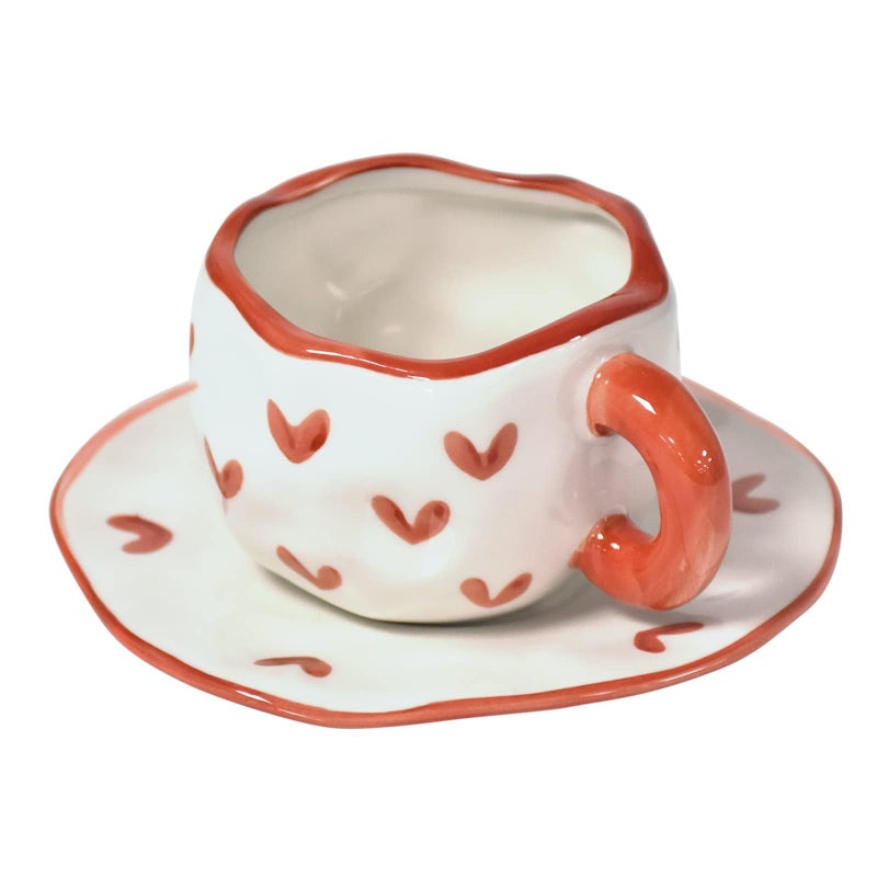 Koythin Ceramic Coffee Mug with Saucer Set Cute Creative Cup Unique Irregular Design for Office and Home Dishwasher and Microwave Safe 10 oz300 ml for Latte Tea Milk Red Heart