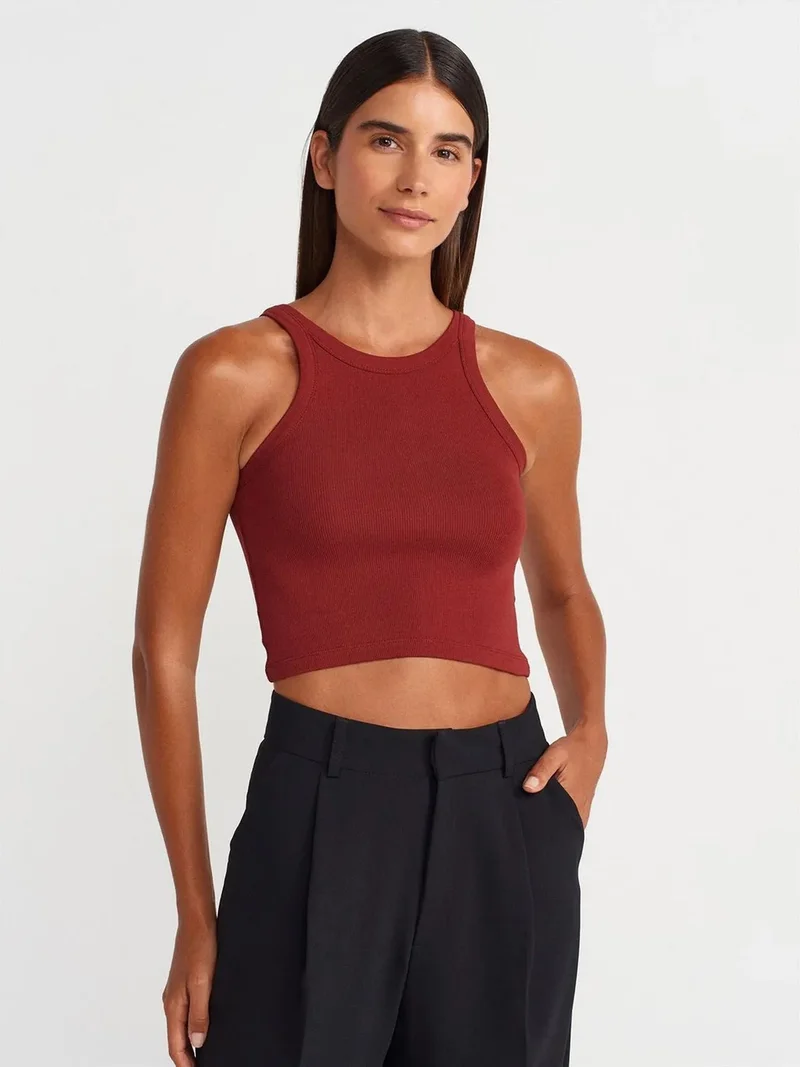 ديلفين DILVIN Ribbed Cotton-blend Sleeveless Crop Top