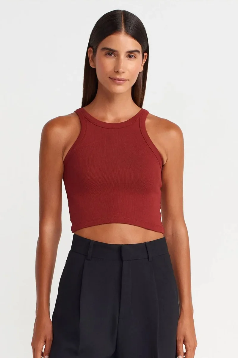 Dilvin Brick Red DILVIN Ribbed Cotton-blend Sleeveless Crop Top for Women | Best Price UAE
