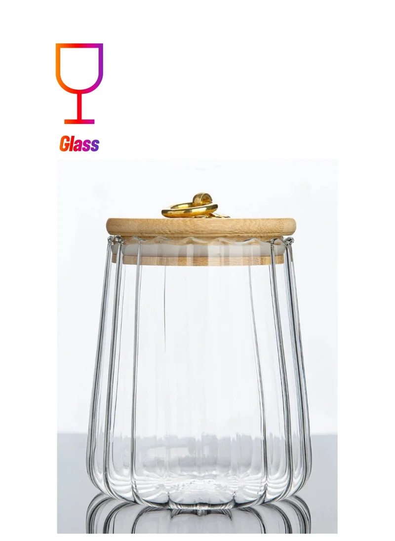 1Chase Borosilicate Glass Storage Jar with Airtight Bamboo Lid and Metal Handle, Petal Decorative Container, To Store Tea, Coffee Beans, Candy, Spices, Biscuits 600 ML Conical