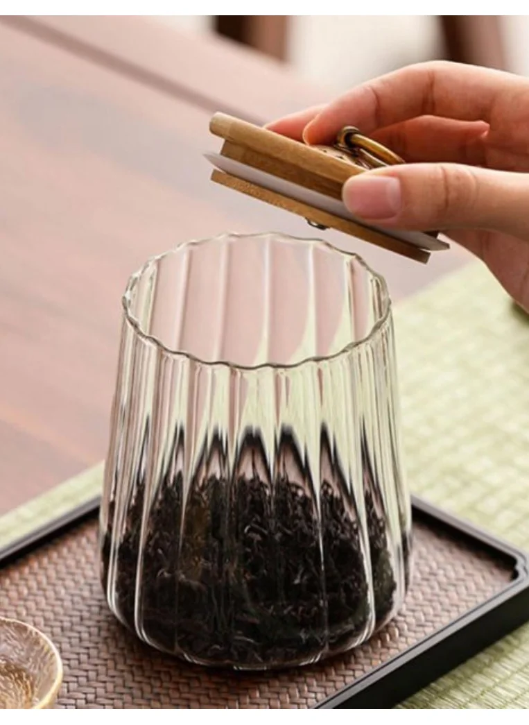 1Chase Borosilicate Glass Storage Jar with Airtight Bamboo Lid and Metal Handle, Petal Decorative Container, To Store Tea, Coffee Beans, Candy, Spices, Biscuits 600 ML Conical