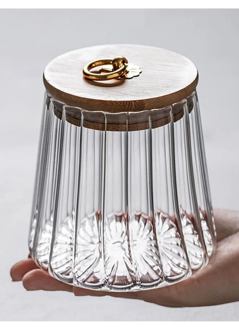 1Chase Borosilicate Glass Storage Jar with Airtight Bamboo Lid and Metal Handle, Petal Decorative Container, To Store Tea, Coffee Beans, Candy, Spices, Biscuits 600 ML Conical