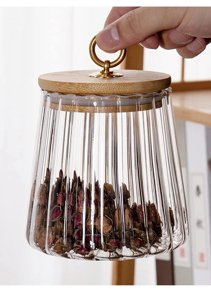 1Chase Borosilicate Glass Storage Jar with Airtight Bamboo Lid and Metal Handle, Petal Decorative Container, To Store Tea, Coffee Beans, Candy, Spices, Biscuits 600 ML Conical