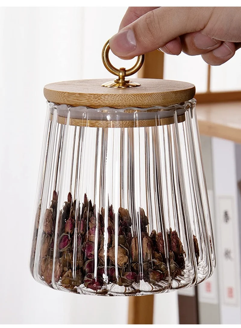 1Chase Borosilicate Glass Storage Jar with Airtight Bamboo Lid and Metal Handle, Petal Decorative Container, To Store Tea, Coffee Beans, Candy, Spices, Biscuits 600 ML Conical