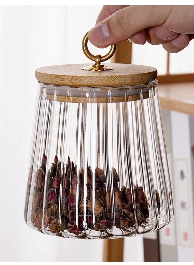 Borosilicate Glass Storage Jar with Airtight Bamboo Lid and Metal Handle, Petal Decorative Container, To Store Tea, Coffee Beans, Candy, Spices, Biscuits 600 ML Conical