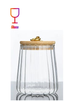 1Chase Borosilicate Glass Storage Jar with Airtight Bamboo Lid and Metal Handle, Petal Decorative Container, To Store Tea, Coffee Beans, Candy, Spices, Biscuits 600 ML Conical  - Image 1