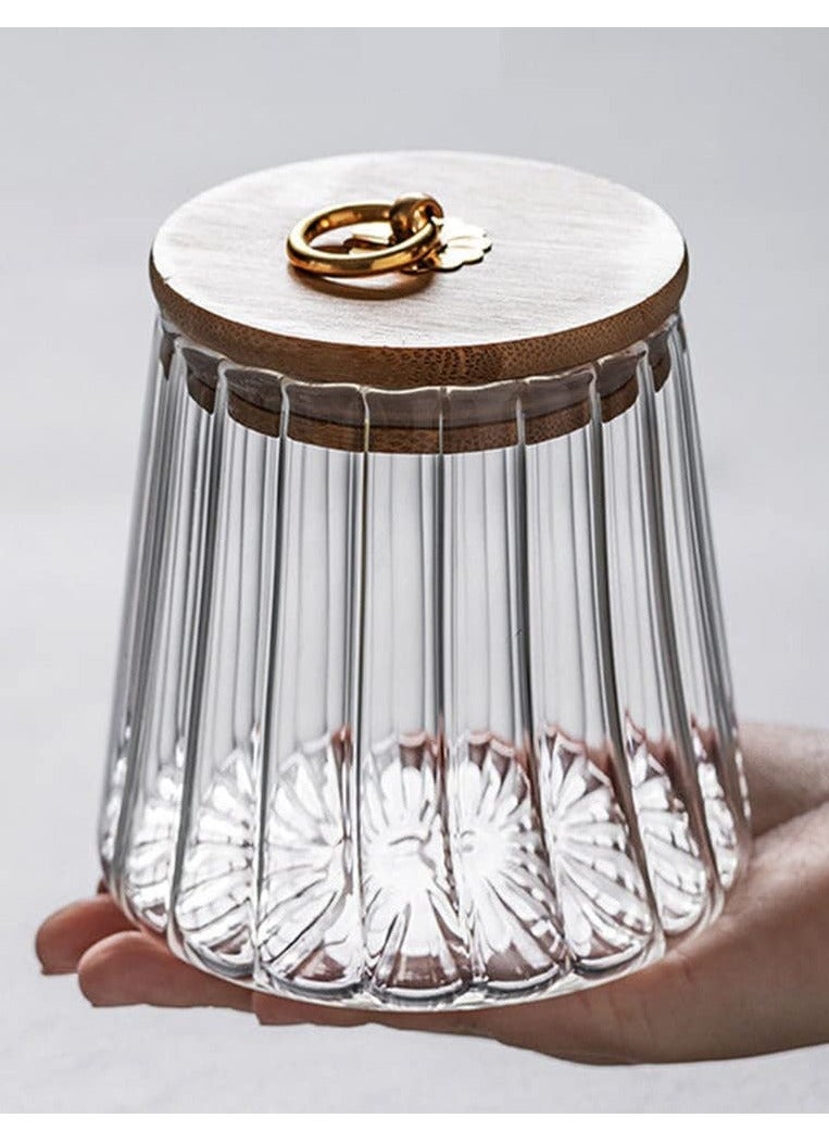 Borosilicate Glass Storage Jar with Airtight Bamboo Lid and Metal Handle, Petal Decorative Container, To Store Tea, Coffee Beans, Candy, Spices, Biscuits 600 ML Conical