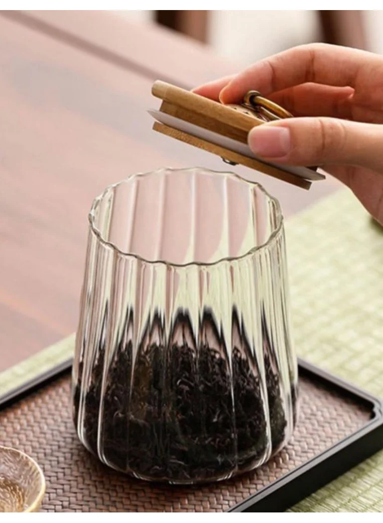 1Chase Borosilicate Glass Storage Jar with Airtight Bamboo Lid and Metal Handle, Petal Decorative Container, To Store Tea, Coffee Beans, Candy, Spices, Biscuits 600 ML Conical