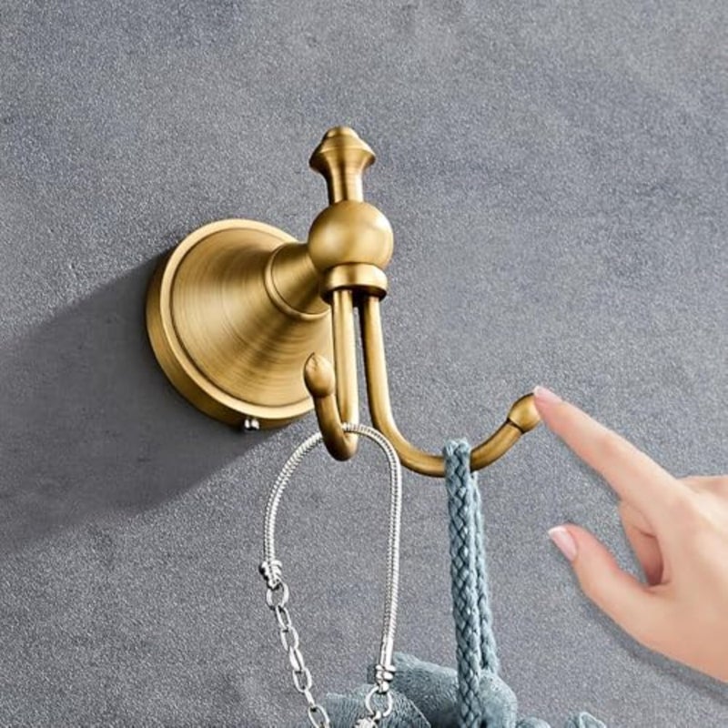 خطاف منشفة نحاسي عتيق، خطاف معطف عتيق مع خطافين، خطاف رداء مثبت على الحائط للحمامات والمطبخ، شماعة خطاف منشفة يد برونزية مع لمسة نهائية ذهبية مصقولة - Image 2