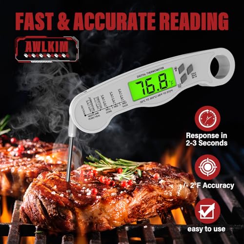 AWLKIM Fast Instant Read Meat Thermometer with Backlight - Waterproof Digital Food Probe for Grilling, Cooking, Baking & Candy Making - Kitchen & BBQ Essential(White) - Image 2