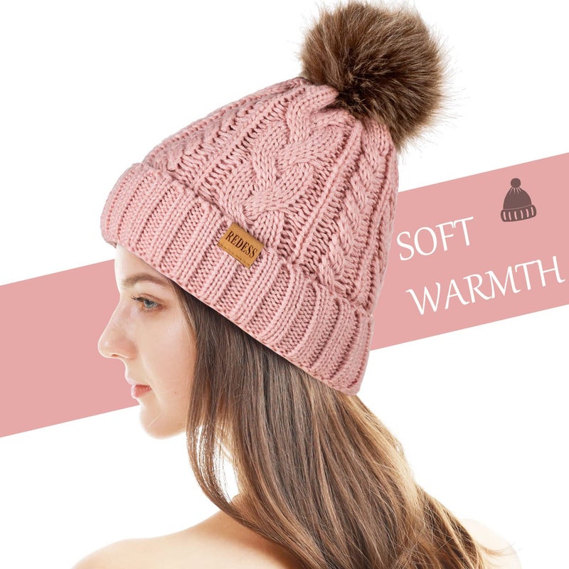 REDESS Women Winter Pompom Beanie Hat with Warm Fleece Lined, Thick Slouchy Snow Knit Skull Ski Cap - Image 3