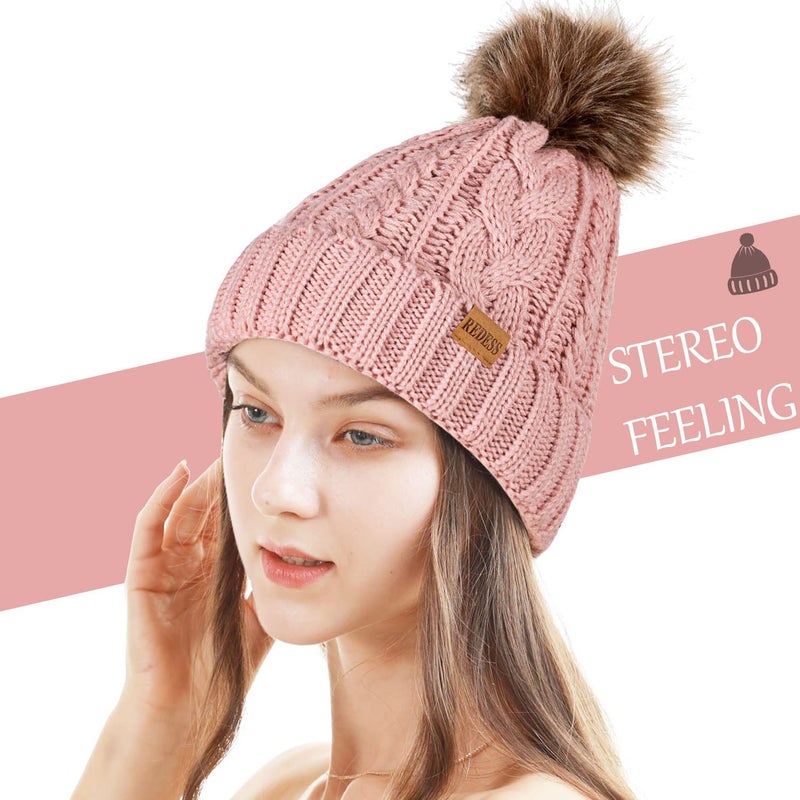REDESS Women Winter Pompom Beanie Hat with Warm Fleece Lined, Thick Slouchy Snow Knit Skull Ski Cap - Image 2
