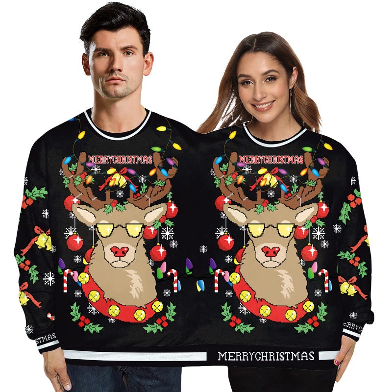 GRAJTCIN Mens and Womens Two Person Ugly Christmas Sweater 3D Printed Couple Sweatshirt Adult Jumper Black Reindeer