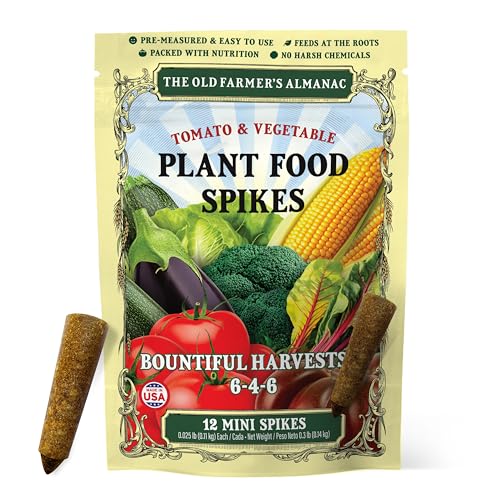 The Old Farmer's Almanac Tomato & Vegetable Plant Food Mini Spikes - NPK 6-4-6 for Continuous Feeding and Bountiful Harvests (12 Mini Plant Food Spikes) - Image 1
