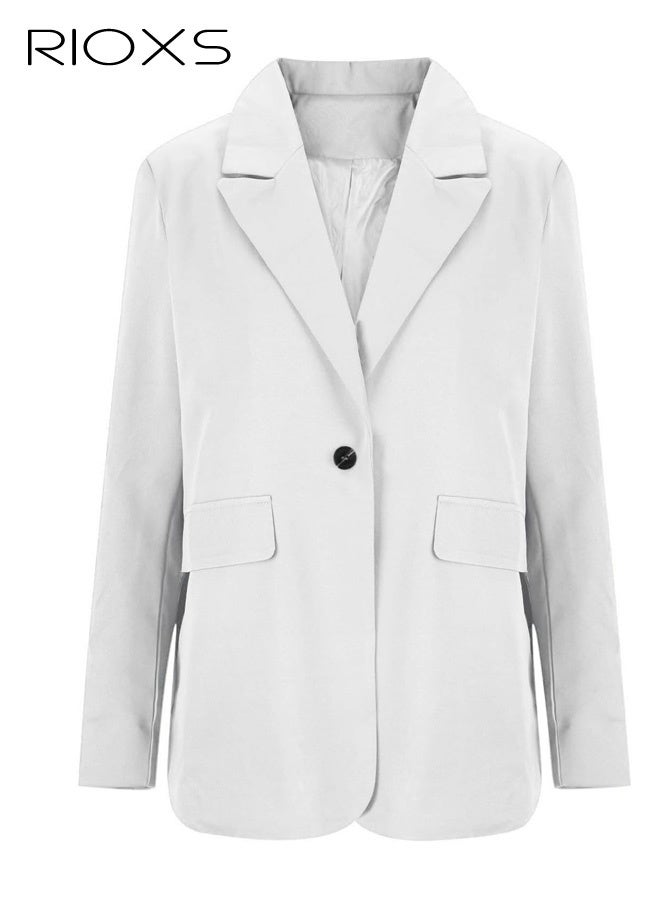 RIOXS Womens Blazers, Business Casual Blazers for Ladies, Long Sleeve Notch Lapel Trendy Work Office Blazer Jackets Outerwear with Pockets, Spring Fall Suit for Commuting Meeting Daily Wearing, White - Image 3