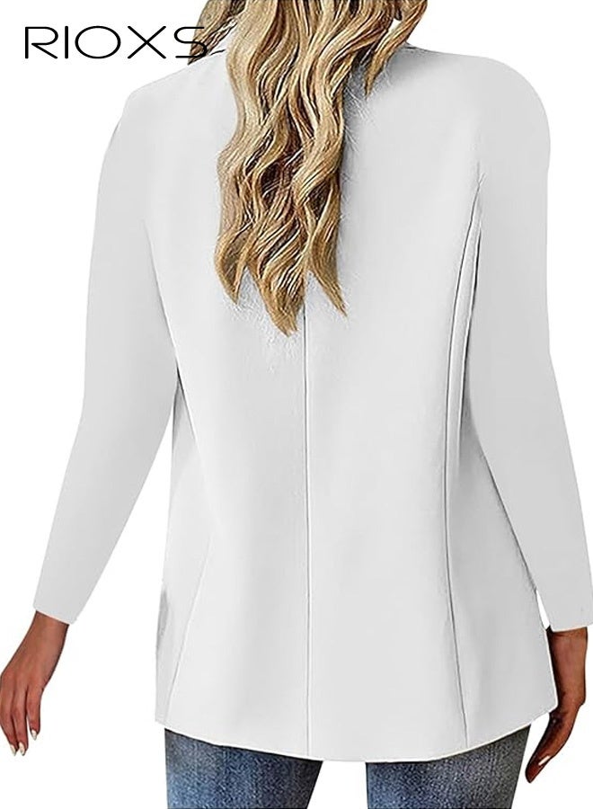 RIOXS Womens Blazers, Business Casual Blazers for Ladies, Long Sleeve Notch Lapel Trendy Work Office Blazer Jackets Outerwear with Pockets, Spring Fall Suit for Commuting Meeting Daily Wearing, White - Image 2