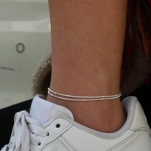 MIDEEO Gold/Silver Ankle Bracelets for Women,14K Gold Anklets for Women Waterproof Cuban Link Heart Beads Herringbone Rhinestone Anklets Set Layered Anklet Bracelets for Women Gold Jewelry Gift - Image 3