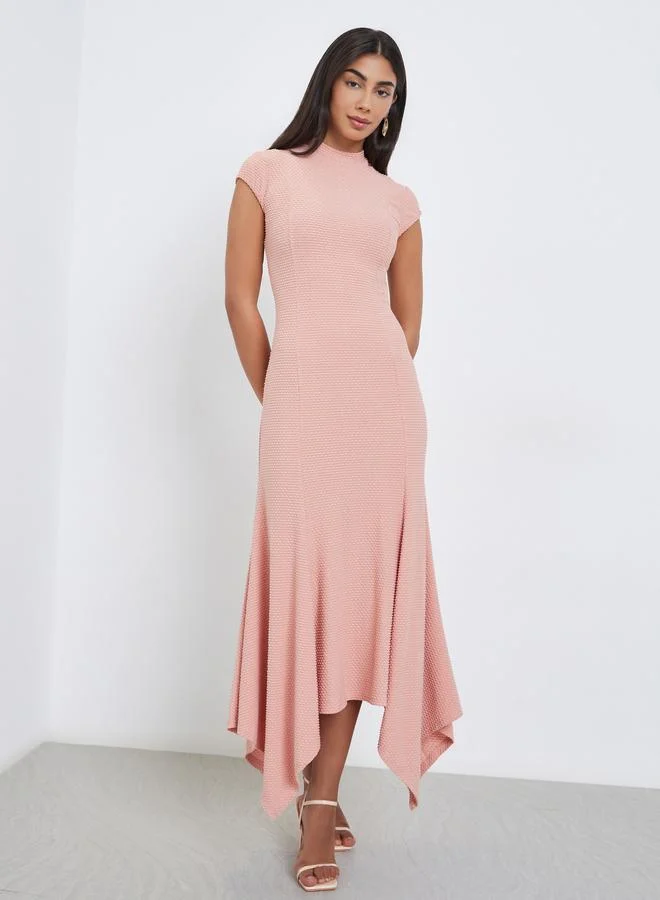 Styli Styli Pink Asymmetric Hem Cap Sleeves Maxi Dress
