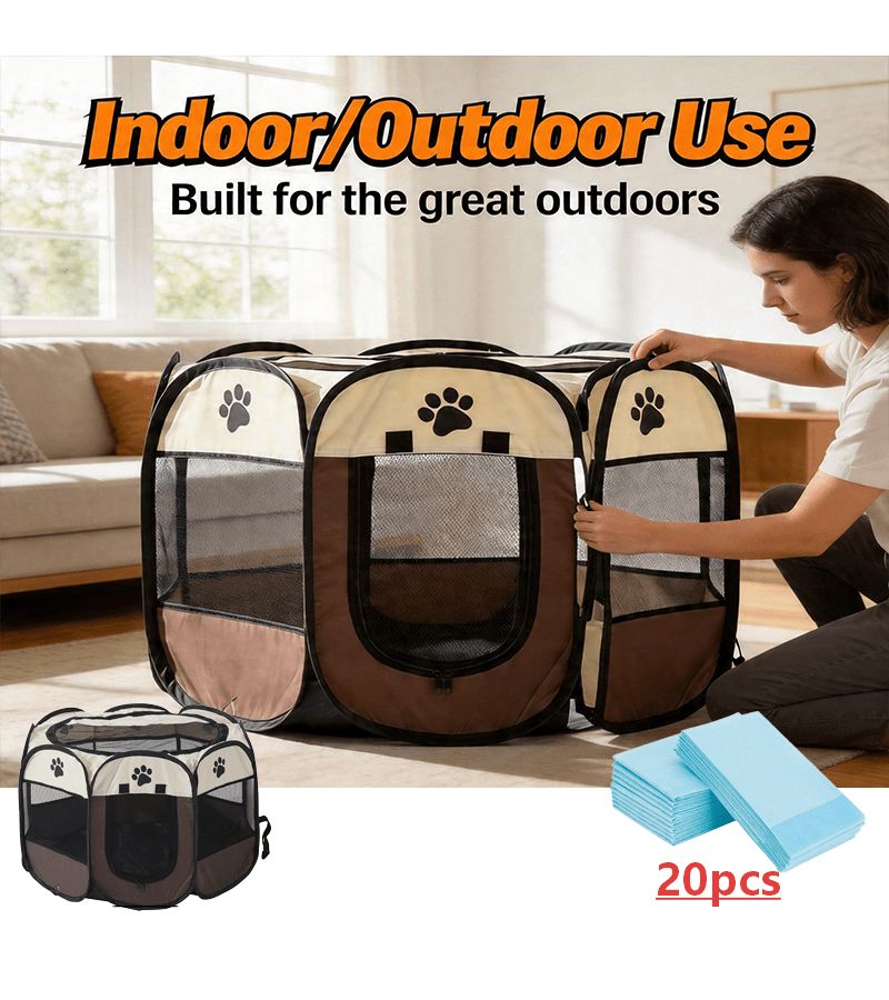 Foldable Pet Playpen With 20 Puppy Pads Size M Octagonal Dog Cat Cage - Image 1