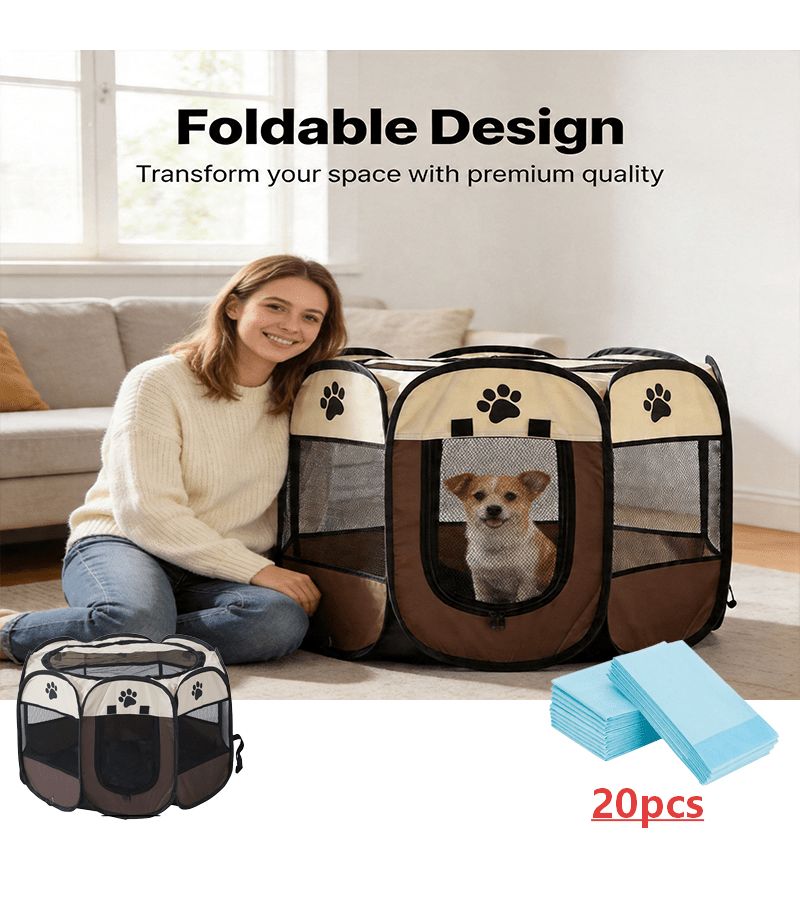 Foldable Pet Playpen With 20 Puppy Pads Size M Octagonal Dog Cat Cage - Image 4