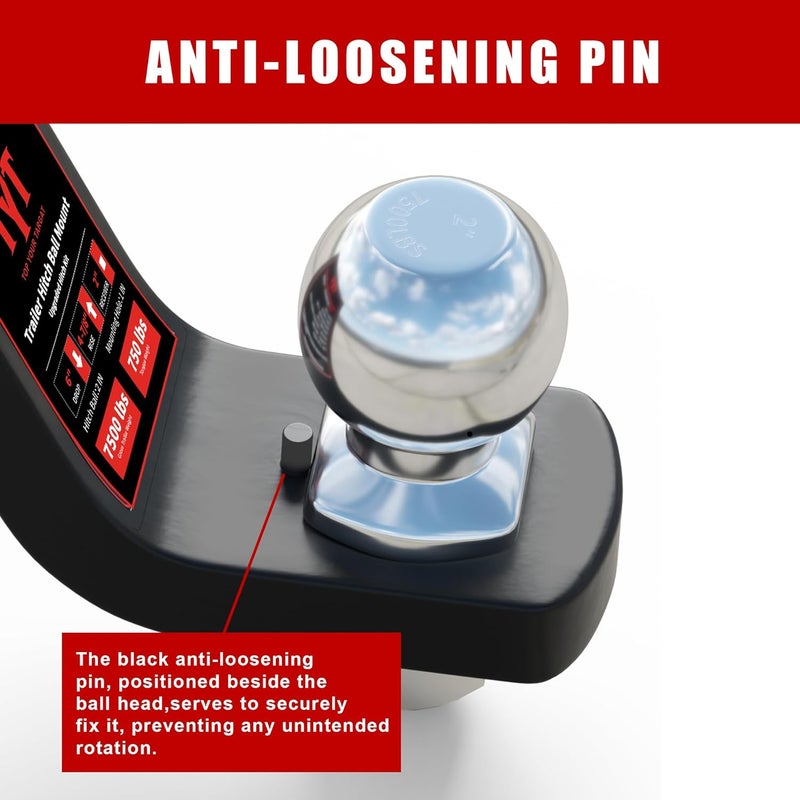 TYT Trailer Hitch Ball Mount Kit with 2 Inch Ball & 5/8" Hitch Pin Clip, 4 Inch Drop, Fits 2 Inch Receiver, 7500lbs Capacity, Upgraded Hitch Kit - Image 2