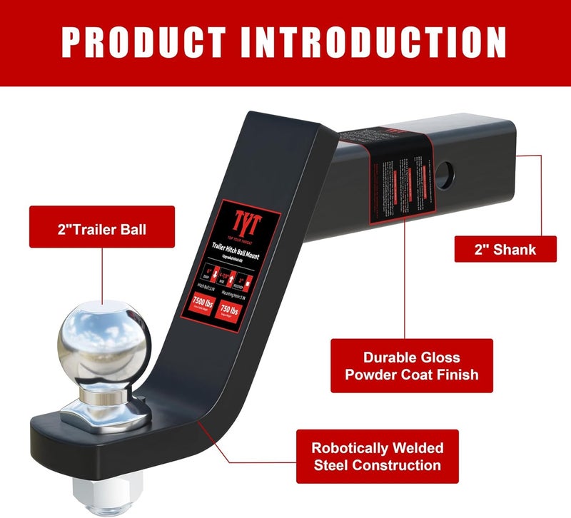 TYT Trailer Hitch Ball Mount Kit with 2 Inch Ball & 5/8" Hitch Pin Clip, 4 Inch Drop, Fits 2 Inch Receiver, 7500lbs Capacity, Upgraded Hitch Kit - Image 3