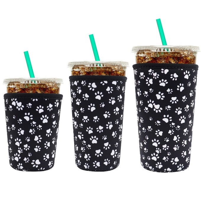 REUSABLE NEOPRENE INSULATOR SLEEVE FOR ICED COFFEE CUPS 3 PACK COFFEE COOLIES SLEEVES FOR ICED HOT DRINKS COLD BEVERAGE COOLER COMPATIBLE WITH STARBUCKS COFFEE AND MORE PAW