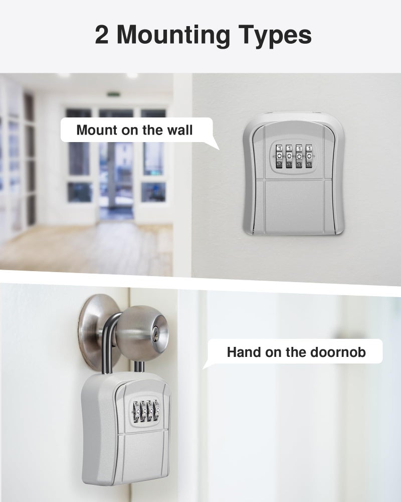 Puroma صندوق قفل المفاتيح من بوروما، صندوق قفل محمول مثبت على الحائط لتخزين المفاتيح المنزلية، صندوق قفل أمان برمز قابل لإعادة الضبط لتخزين المفاتيح الاحتياطية للمنزل، المكتب، الشقة (1 عبوة، فضي) - Image 2