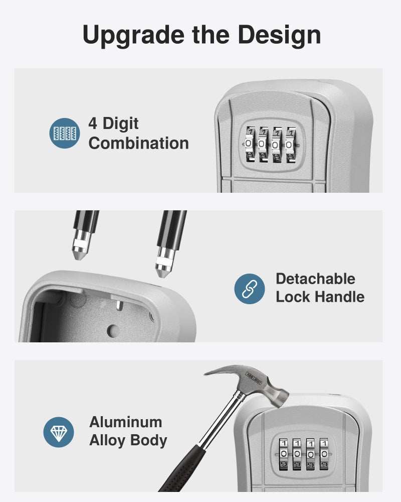 Puroma صندوق قفل المفاتيح من بوروما، صندوق قفل محمول مثبت على الحائط لتخزين المفاتيح المنزلية، صندوق قفل أمان برمز قابل لإعادة الضبط لتخزين المفاتيح الاحتياطية للمنزل، المكتب، الشقة (1 عبوة، فضي) - Image 4