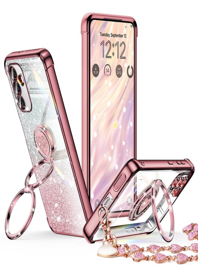 XYZ جراب XYZ لهاتف Galaxy S25 FE مع حامل - جراب هاتف مزود بحامل مزدوج الحلقات - غطاء حماية فاخر مرصع بالكريستال بتصميم قلب، مناسب للنساء والفتيات، لهاتف Samsung S25 FE 5G، لون ذهبي وردي - Image 1