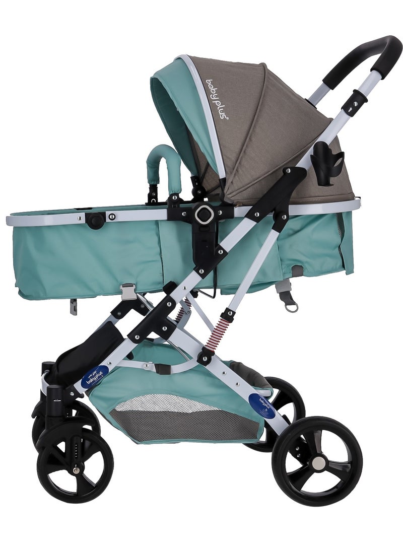 BABY PLUS Premium Luxury Foldable Baby Stroller |Adjustable 6 Reclining Positions, Safety Harness, UV Protection Canopy, Compact Design | Lightweight & Portable Travel Pram for Newborns & Toddlers (0-4 Years) MINT/GRAY - Image 4