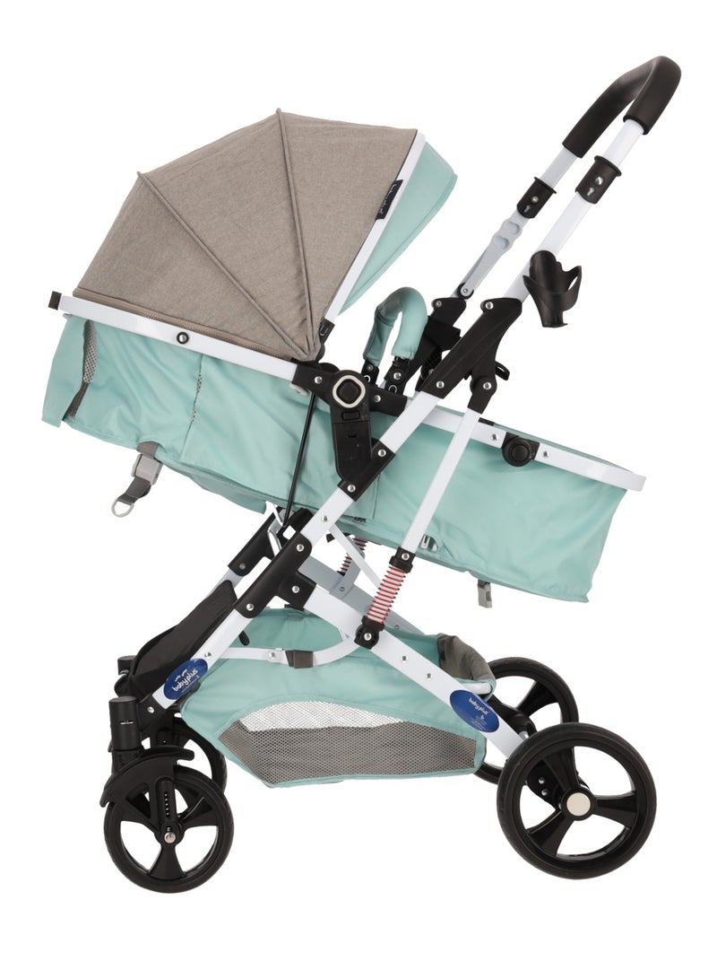 BABY PLUS Premium Luxury Foldable Baby Stroller |Adjustable 6 Reclining Positions, Safety Harness, UV Protection Canopy, Compact Design | Lightweight & Portable Travel Pram for Newborns & Toddlers (0-4 Years) MINT/GRAY - Image 2