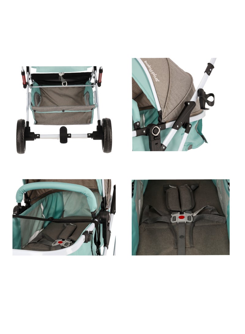 BABY PLUS Premium Luxury Foldable Baby Stroller |Adjustable 6 Reclining Positions, Safety Harness, UV Protection Canopy, Compact Design | Lightweight & Portable Travel Pram for Newborns & Toddlers (0-4 Years) MINT/GRAY - Image 3