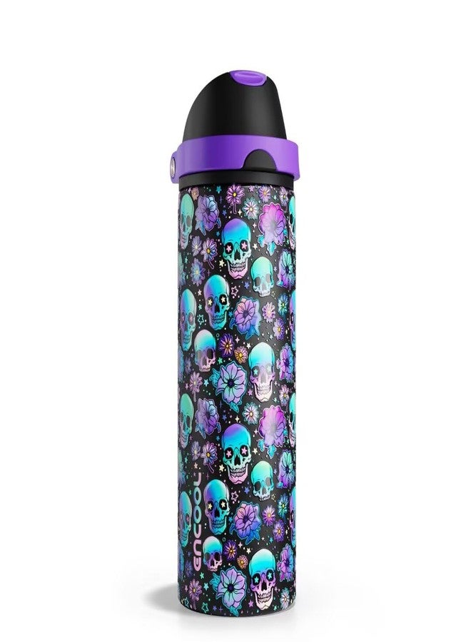 ENCOOL Halloween Insulated Water Bottle with Straw - Stainless Steel Water Bottle with Push Button Lid, Leak-Proof BPA-Free, Keeps Cold for 24 Hours for Halloween gifts, Party (24 oz, Floral Afterlife) - Image 1