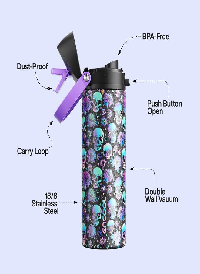ENCOOL Halloween Insulated Water Bottle with Straw - Stainless Steel Water Bottle with Push Button Lid, Leak-Proof BPA-Free, Keeps Cold for 24 Hours for Halloween gifts, Party (24 oz, Floral Afterlife) - Image 3