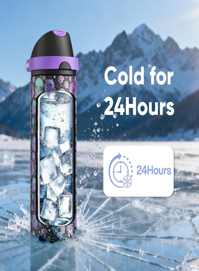 ENCOOL Halloween Insulated Water Bottle with Straw - Stainless Steel Water Bottle with Push Button Lid, Leak-Proof BPA-Free, Keeps Cold for 24 Hours for Halloween gifts, Party (24 oz, Floral Afterlife) - Image 5