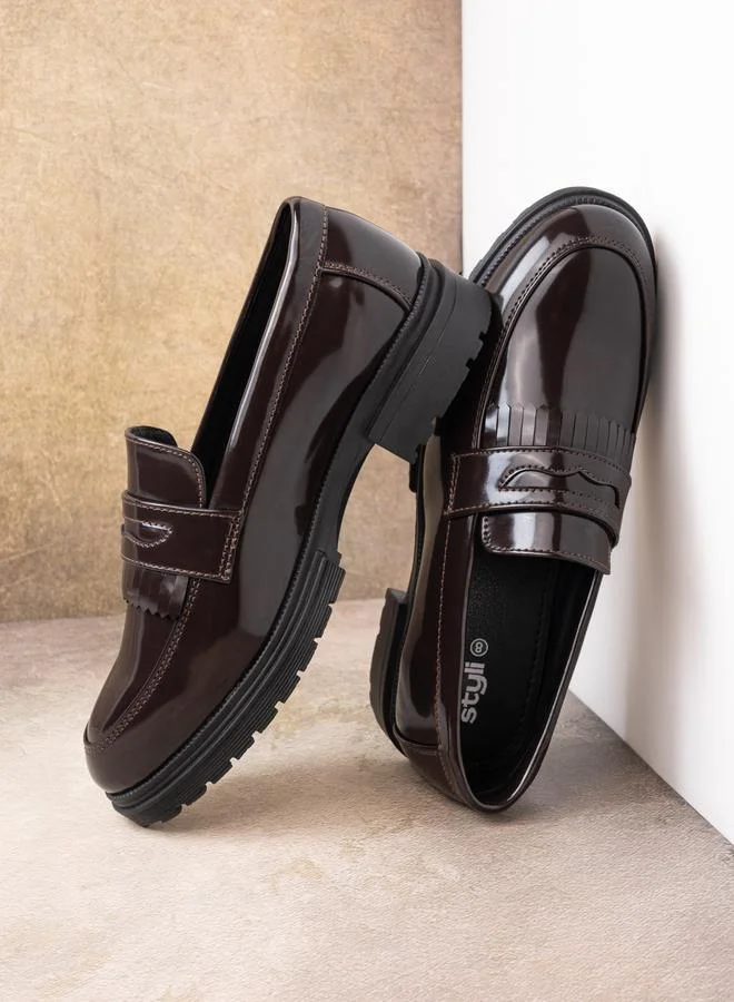 Styli Styli Faux Leather Slip On Frill Embellished Loafers